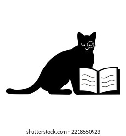 Fat Cat Logo Sitting Cute Silhouette Researching Glasses While Biting A Book