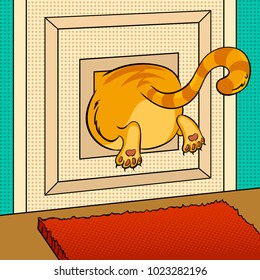 Fat Cat Stuck In Small Animal Door Pop Art Retro Raster Illustration. Color Background. Comic Book Style Imitation.