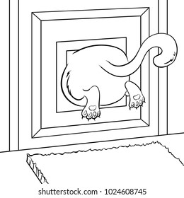 Fat Cat Stuck In Small Animal Door Coloring Raster Illustration. Isolated Image On White Background. Comic Book Style Imitation.