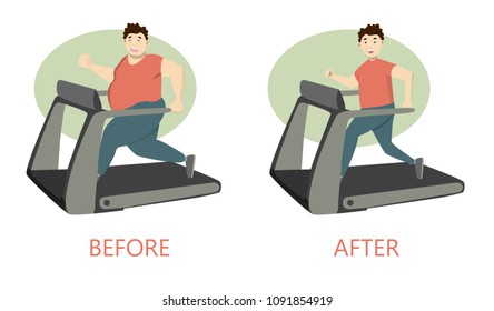 From Fat To Fit. Man Running On Treadmil Trying To Loose Weight.