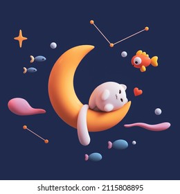 Fat Fluffy White Happy Cat Sleeps On Yellow Moon Floating In The Air With A Big Goldfish, Pink Clouds, Red Heart Shape, Small Fishes. Sweet Dreams. I Love You. 3d Render On Dark Blue Magical Backdrop.