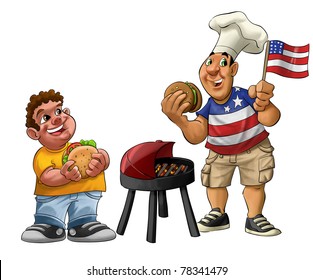 fat guy eating a hamburger with usa shirt and flag - Powered by Shutterstock