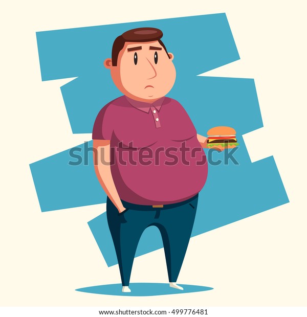 ハンバーガーを持つ太った男性 漫画のイラスト 肥満の人 太った 悲しい人 のイラスト素材