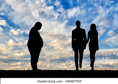 Fat man and thin young couple standing on background sky. Concept obesity