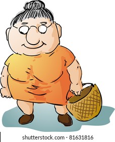 Fat Motherly Old Woman With Shopping Bag Illustration