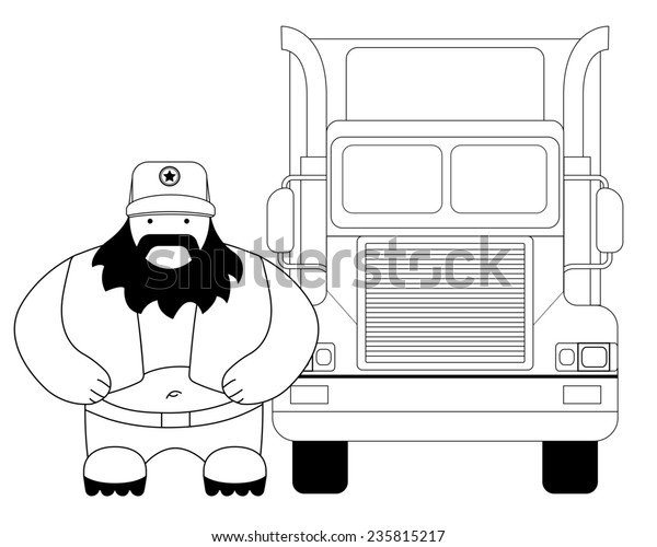 Fat round cartoon style black beard truck\
driver. In trucker cap standing near big cargo car. Line-art\
illustration isolated on white.\
Raster