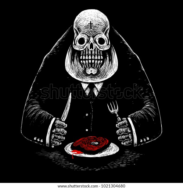 太った骸骨の紳士 スーツを着た実業家が 肉のステーキを血で食べている 彫刻様式の白黒イラスト のイラスト素材