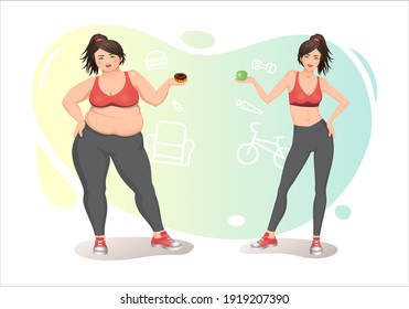 Fat And Slender Woman With Food. Weight Loss Concept. Fat Girl And Lost Weight Thin, Diet Or Fitness Sport Exercise. Character Lady Overweight And With Athletic Figure