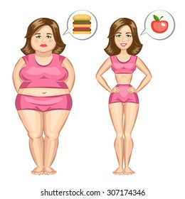 Fat and slim girl, weight loss concept