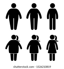 Fat Stick Figure Illustration Icon Set. Obese People Couple Black And White Flat Style Pictogram On White Background