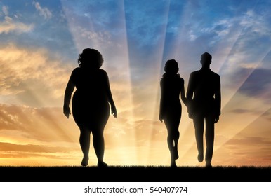 Fat woman and young thin couple standing on sunset background. Concept obesity