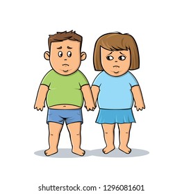 Fat young man and woman. Fat couple. Unhealthy food and human body icon. Sad overweight couple. Cartoon flat illustration. Isolated on white background. Raster version.