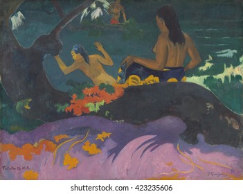 Fatata te Miti (By the Sea), by Paul Gauguin, 1892, French Post-Impressionist painting, oil on canvas. Painted during Gauguin's first trip to Tahiti, it depicts a woman removing her pareo