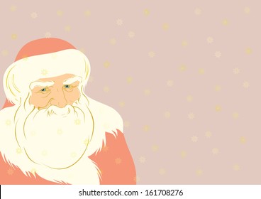 Father Christmas illustration with golden snowflakes on background, retro style