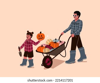 Father And Daughter Pumpkin Wheelbarrow Picking - Child And Parent Pumpkin Picking Patch - Pumpkin Farm Harvest Autumn - Family Pumpkin Picking - Outdoor Girl And Dad