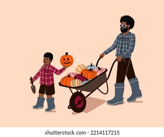 Father And Daughter Pumpkin Wheelbarrow Picking - Child And Parent Pumpkin Picking Patch - Pumpkin Farm Harvest Autumn - Black Family Pumpkin Picking - African American Girl And Dad