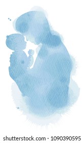 Father Holding Baby Silhouette Plus Abstract Watercolor Painted. Happy Father's Day. Digital Art Painting.