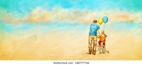 Father learn his little son to ride a bicycle. Ink sketch effect. Desert landscape with sunken ship - Powered by Shutterstock