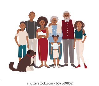 Father, mother, grandmother, grandfather, sons, daughters and dog together. Happy large black family portrait. illustration of a flat design. - Powered by Shutterstock