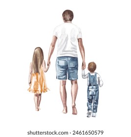 Father on a walk with his daughter and son. Father's Day, fashion illustration. Watercolor illustration on a white background. - Powered by Shutterstock