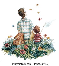 Father And Son Catch Butterflies. Watercolor Illustration.