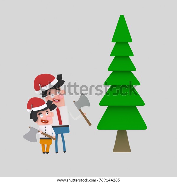 Father\
and son choosing a tree for Xmas .3d\
illustration.