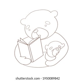 Father And Son, Dad Teddy Reading Bed Time Stories To Baby Bear. Coloring Page. Cute Bear Sleeping Peacefully. Hand Painted Illustration. Good Night Design.
