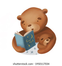 Father And Son, Dad Teddy Reading Bed Time Stories To Baby Bear. Cute Bear Sleeping Peacefully. Hand Painted Illustration. Good Night Design.
