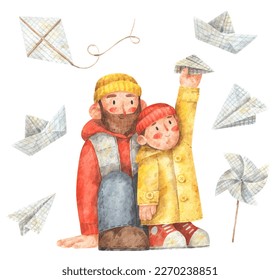 Father with son launch a paper plane. Watercolor illustration of happy man, boy and paper toys. Father's Day greeting card - Powered by Shutterstock