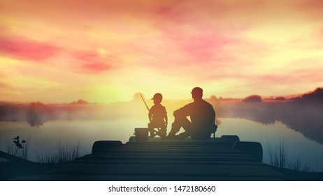 Father with son in the morning fishing from a wooden pier - Powered by Shutterstock