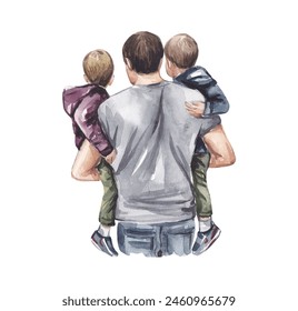 Father and sons on a walk. Watercolor illustration on a white background. - Powered by Shutterstock