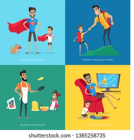 Father spend time with his son and daughter raster poster. dad in superhero costume near dog climbing mountain playing train daddy preparing pancakes - Powered by Shutterstock