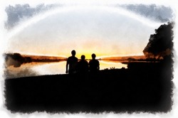Father And Two Sons Staying Near The Pond At The Sunset Time. Concept Of Friendly Family And Of Summer Vacation. 