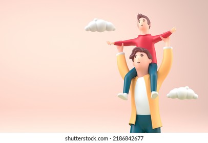 Father Walking with his Son Sitting on Shoulders. 3D Illustratio - Powered by Shutterstock