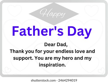 Father's Day card with a white background, faint heart designs, "Happy" in a gray diamond, and "Father's Day" in bold blue text. It includes a heartfelt message to father. - Powered by Shutterstock