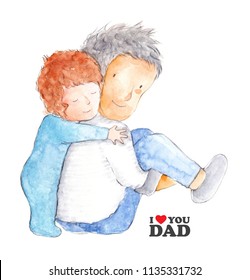 Father's Day Concept. Watercolor Smiling Son Hugging Dad On White Background.