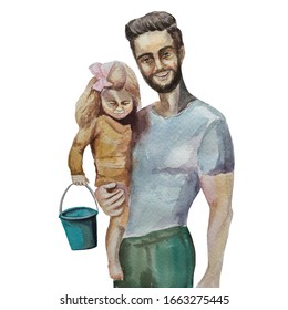 Father's Day. Dad holds the baby in his arms Best dad. Super daddy. Watercolor illustration on a white background. For cards, posters, stickers  and professional design. Happy father's day! - Powered by Shutterstock