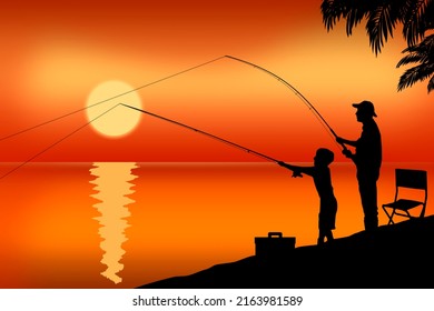 Father's Day. Father and son are fishing at sunset close up. - Powered by Shutterstock