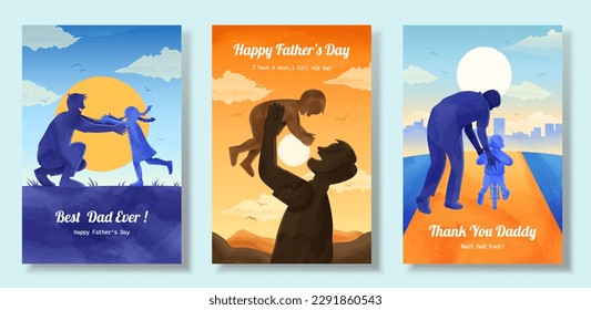 Father's day illustration in watercolor style. Silhouette of daughter running into her father's arms, father lifting his son up and father teaching his children how to ride bicycle. - Powered by Shutterstock