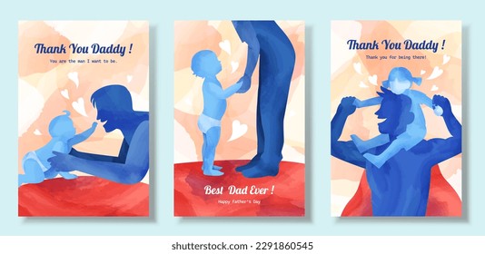 Father's day illustration in watercolor style. Silhouette of baby crawling towards father, father holding standing baby's hands and daughter sitting on father's shoulders. - Powered by Shutterstock