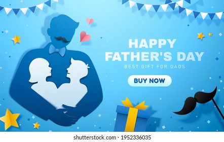 Father's day sale template with decorative paper cut elements on blue background. Concept of fatherhood. - Powered by Shutterstock