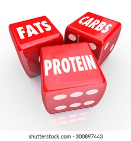 Fats Carbs Proteins 3 Red Dice To Illustrate Good Balanced Eating Or Nutrition With Healthy Foods And Diet Habits