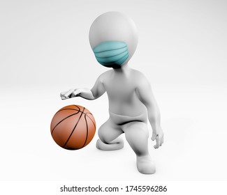 Fatty Man With A Mask Playing Basketball, 3d Rendering Isolated On White