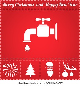 Faucet. Flat symbol and bonus icons for New Year - Santa Claus, Christmas Tree, Firework, Balls on deer antlers
