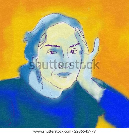 Fauvism art. Watercolor hand draw portrait of a girl by henri matisse technique. Green yellow blue orange color.   Wallpaper , Illustration , sketch.