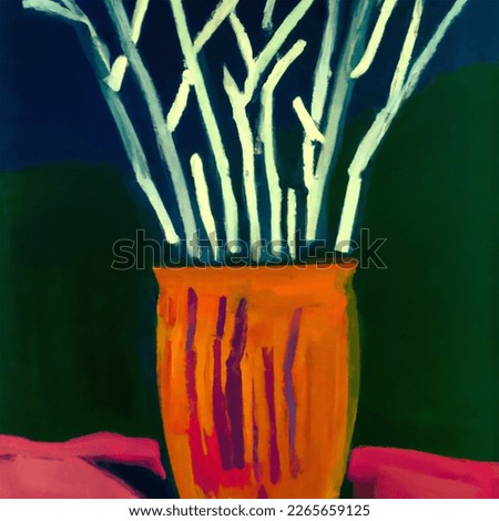 Fauvism and minimalism still life painting of plants in a vase