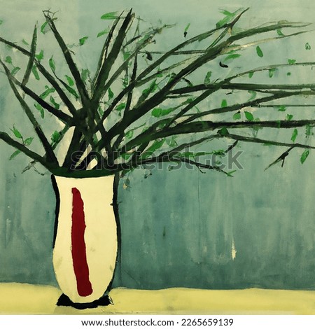 Fauvism and minimalism still life painting of plants in a vase