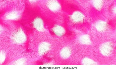Faux fur background, 3D illustration, waving fluffy texture, white dots on pink background.