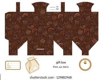 Favor, gift, product box die cut.  Coffee and cupcakes pattern. Empty label. Designer template.