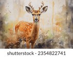 Fawn watercolor, oil painting......Watercolor deer, isolated on colorful background, vector illustration.